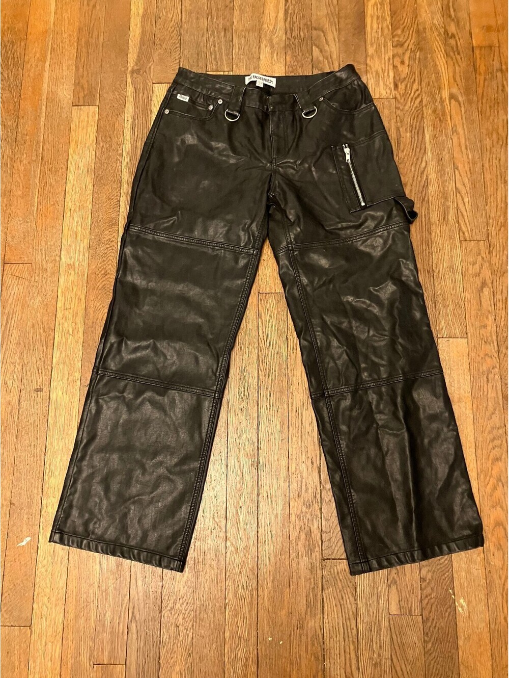 Ragged Priest Lita Black Faux Leather Baggy Cargo Trousers UK 10 US 6 Y2K